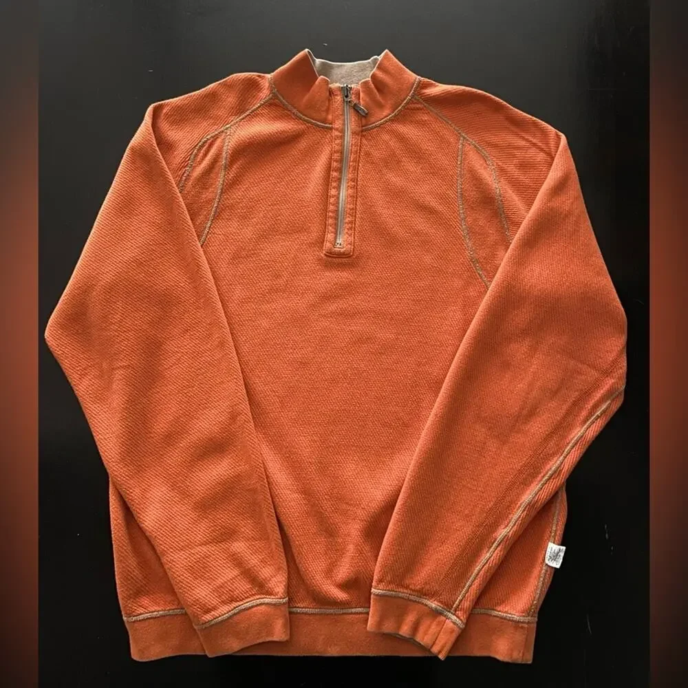 TOMMY BAHAMA Reversible Tan/Orange 1/4 Zip Cotton Pullover Sweater sz XLarge